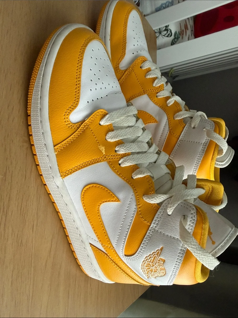 Nike Air Jordan 1 Mid White and Yellow Basketball Sneakers - Picture 4 of 7